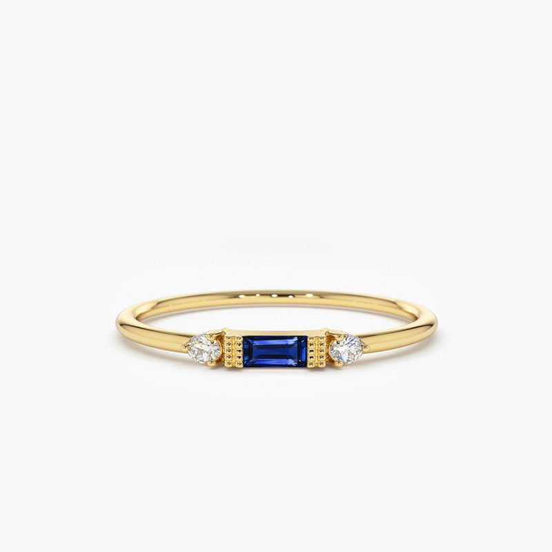 18K Baguette Blue Sapphire with Diamond Ring - Intou