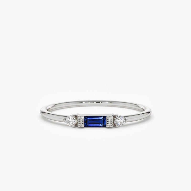 18K Baguette Blue Sapphire with Diamond Ring - Intou