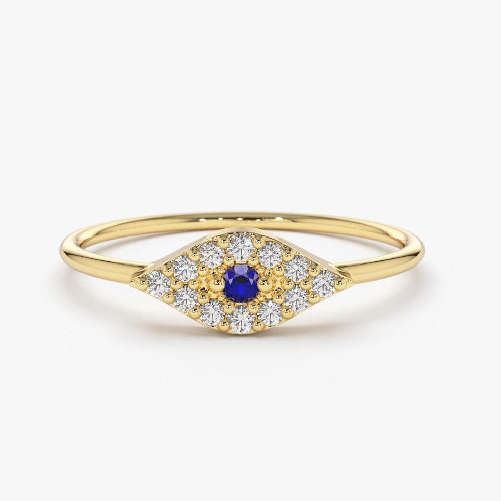 18K Gold Diamond And Sapphire Evil Eye Ring - Intou