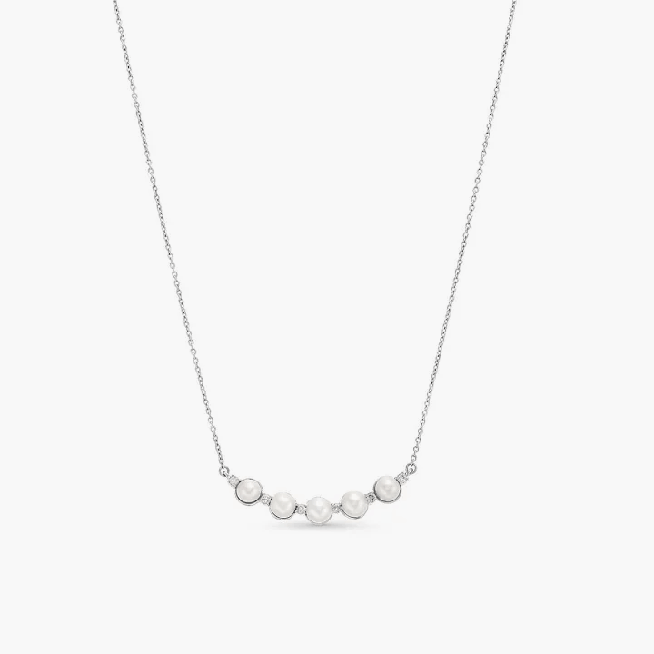 Alternating Curved Peral and Diamond  Bar Necklace