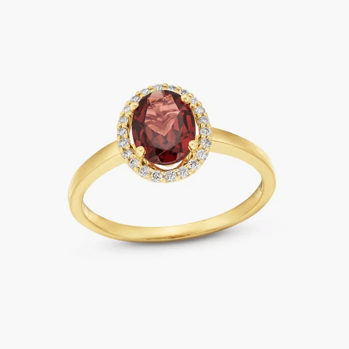 Red Garnet Halo Diamond Ring