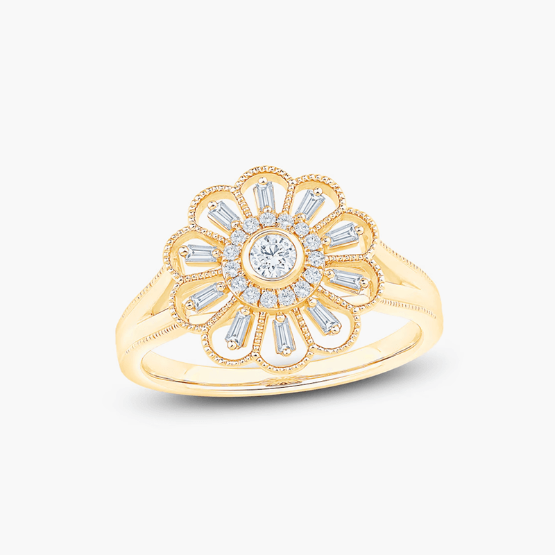 Baguette Vintage Flower-Round Cut Diamond Ring