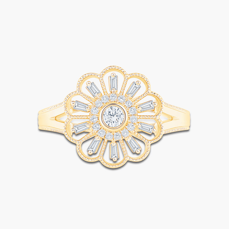 Baguette Vintage Flower-Round Cut Diamond Ring